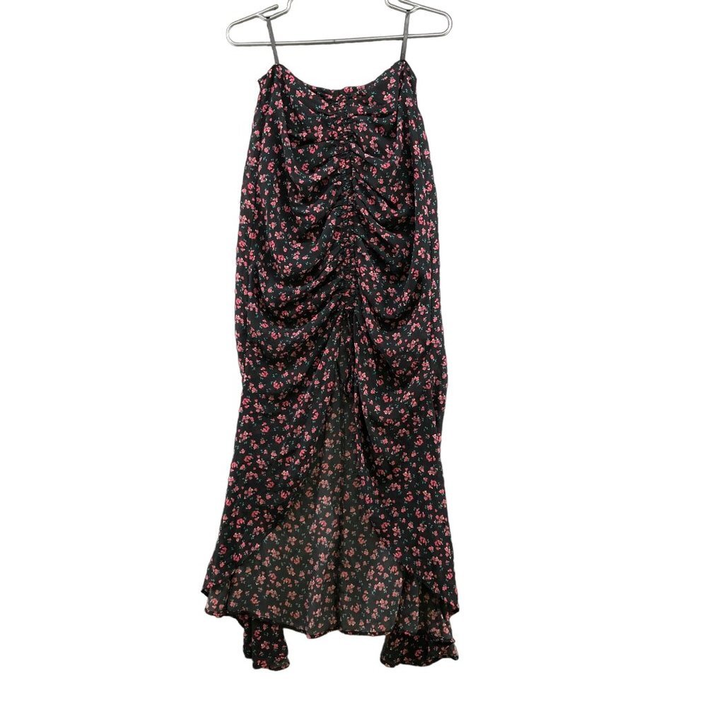 TRAC Split Front‎ Midi Dress Cami Slip Black Floral Ruched Size M Boho Chiffon